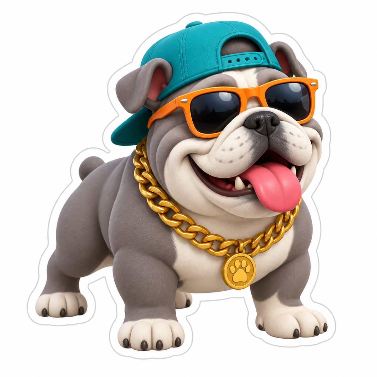 Bulldog Teal Cap Sunglasses Gold Chain Vinyl Sticker Decal