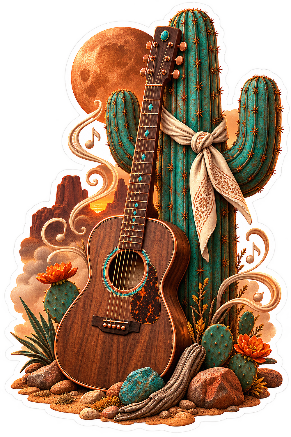 Acoustic Guitar beside Desert Cactus Vinyl Sticker Decal