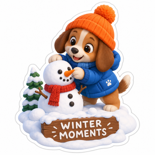 Winter Moments Puppy Building Snowman Vinyl Sticker Decal