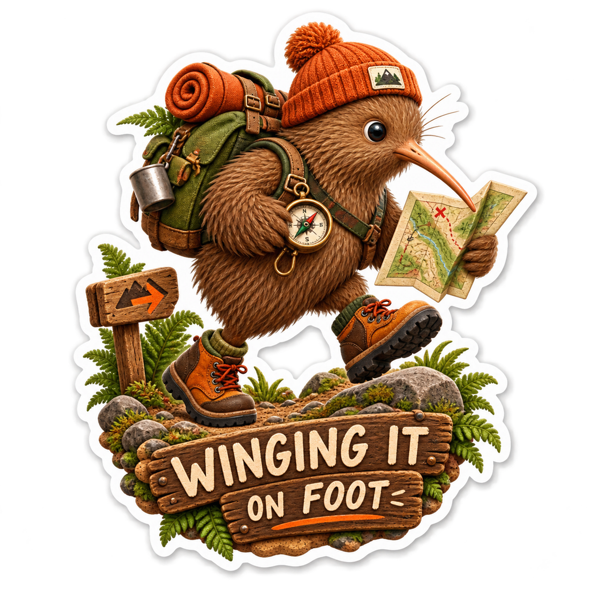 Winging It on Foot Kiwi Hiker Vinyl Sticker Decal