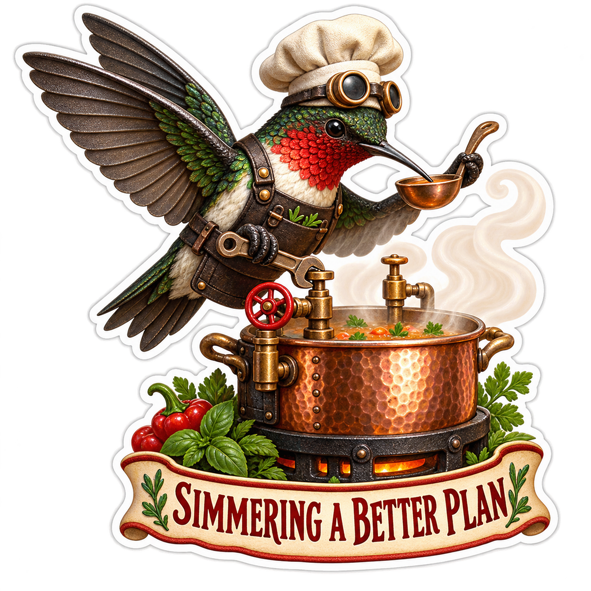 Simmering a Better Plan Hummingbird Chef Vinyl Sticker Decal