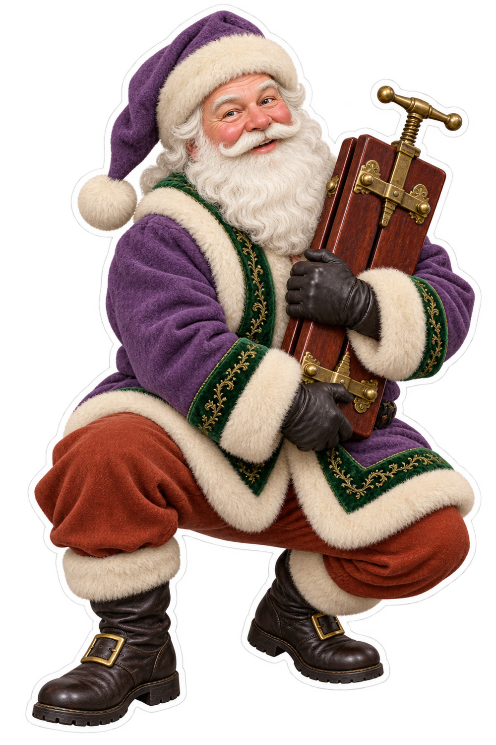 Purple Coat Santa Holding Wooden Trouser Press Vinyl Sticker Decal