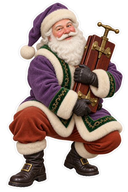 Purple Coat Santa Holding Wooden Trouser Press Vinyl Sticker Decal