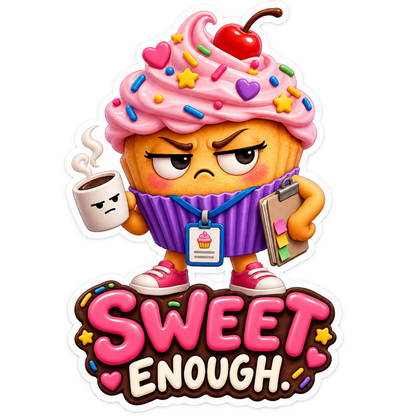 Sweet Enough Grumpy Cupcake with Coffee Vinyl Sticker Decal