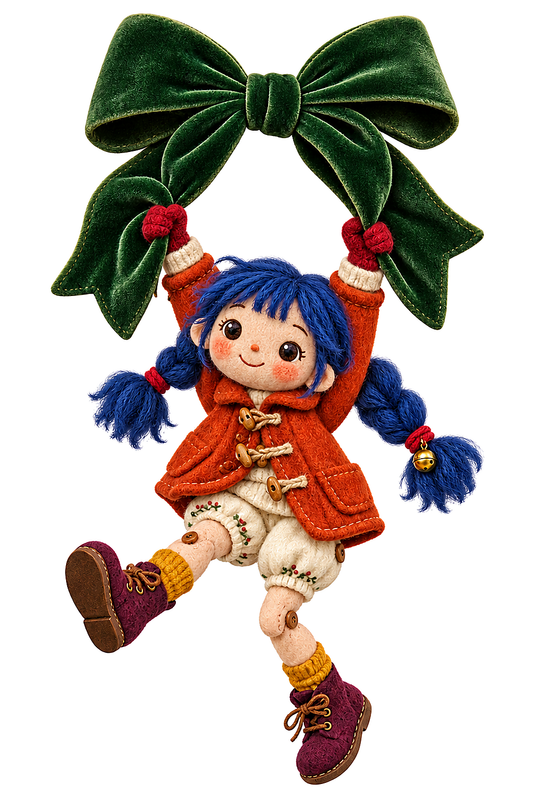 Christmas Doll Hanging from Green Bow Vinyl Sticker Decal