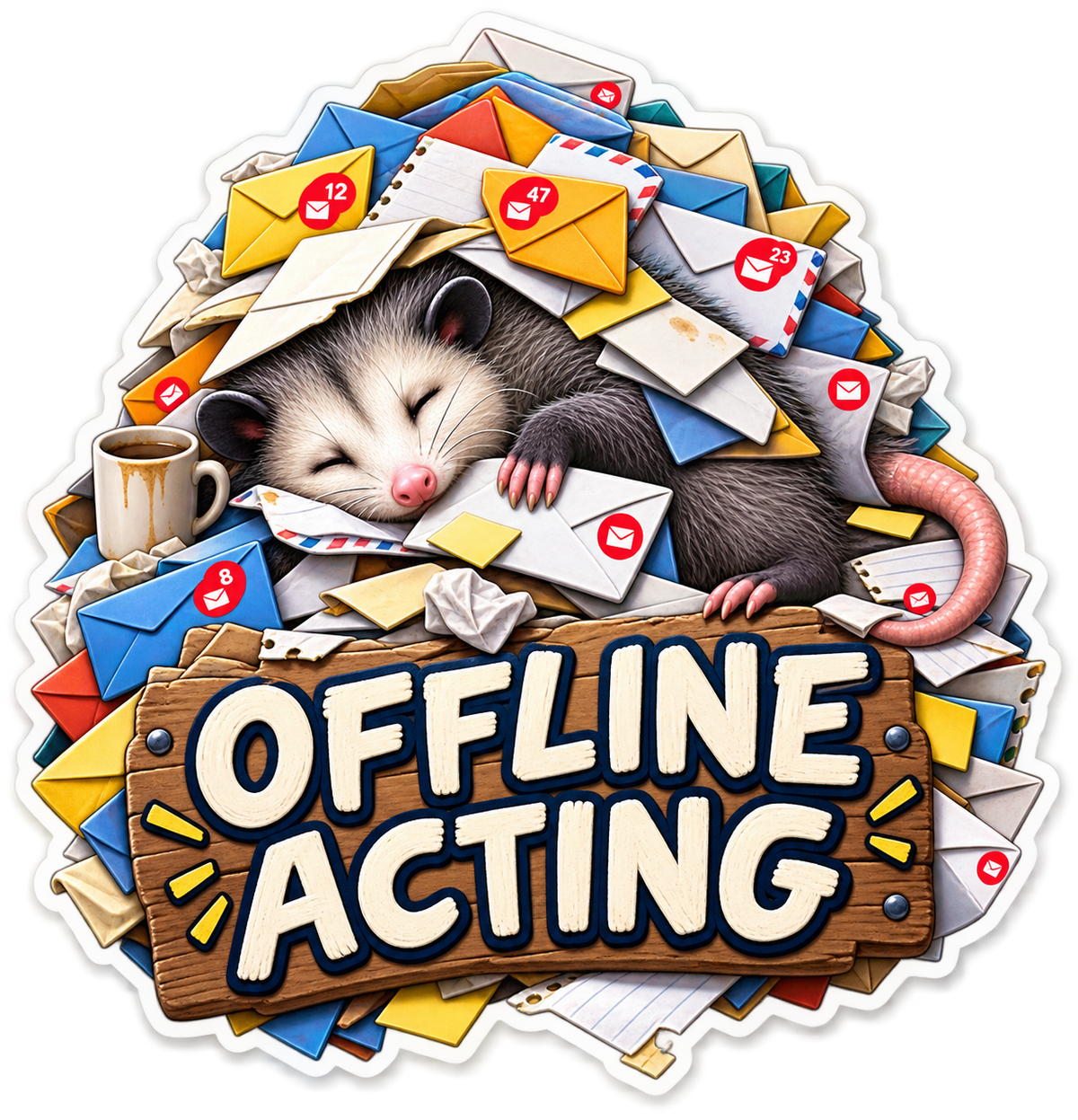 Offline Acting Opossum beneath Email Pile Vinyl Sticker Decal