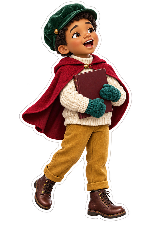 Christmas Caroler Boy Red Cape Green Cap Vinyl Sticker Decal