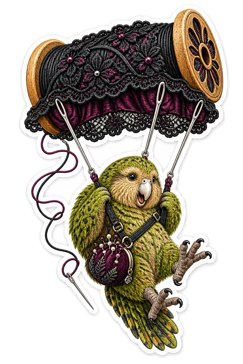 Embroidered Kakapo Haunted Bobbin Parachutist Vinyl Sticker Decal