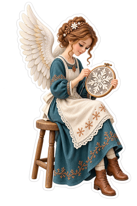 Christmas Angel Teal Dress Sewing on Stool Vinyl Sticker Decal