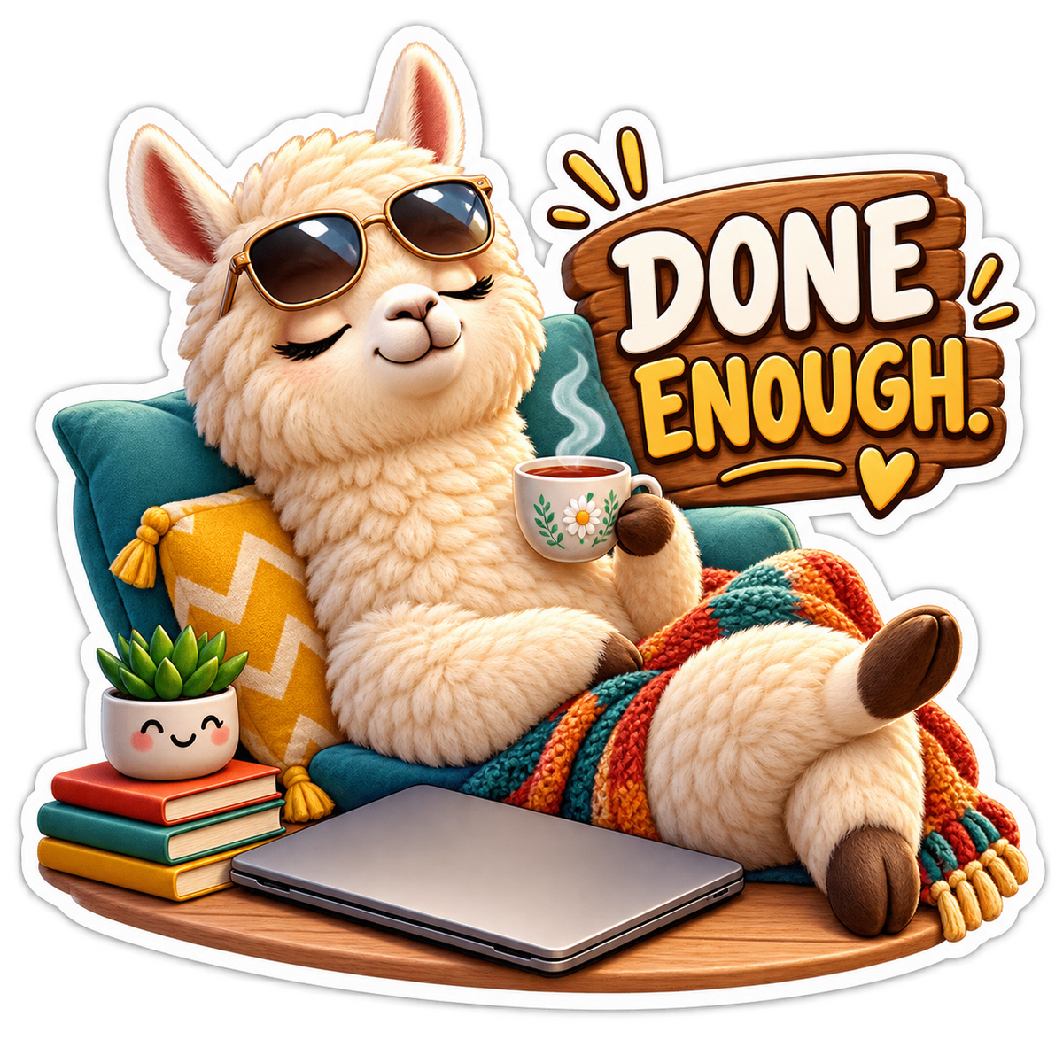 Done Enough Llama Relaxing with Coffee Vinyl Sticker Decal