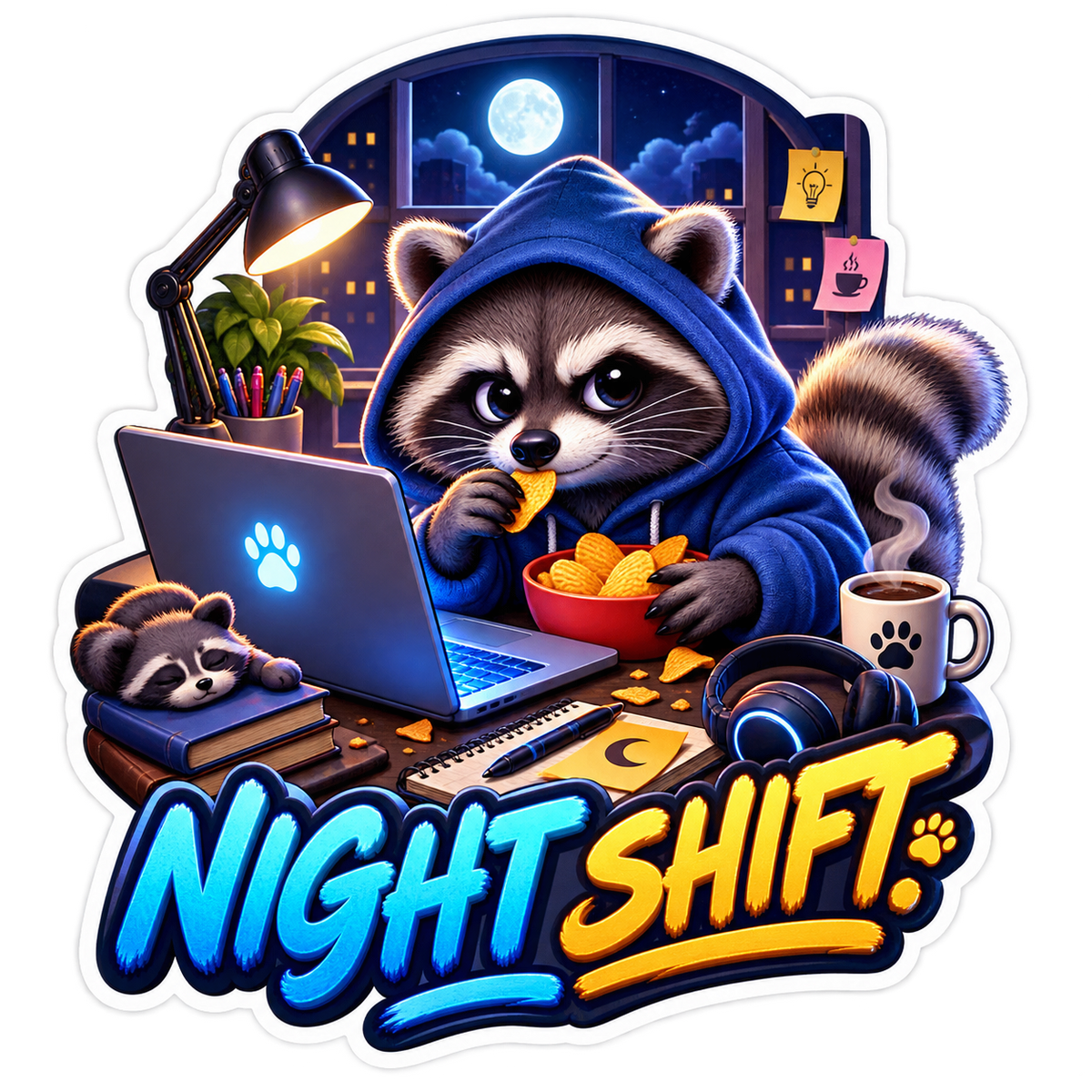 Night Shift Raccoon Working at Laptop Vinyl Sticker Decal