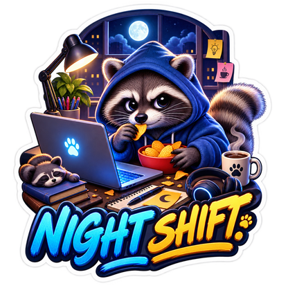 Night Shift Raccoon Working at Laptop Vinyl Sticker Decal