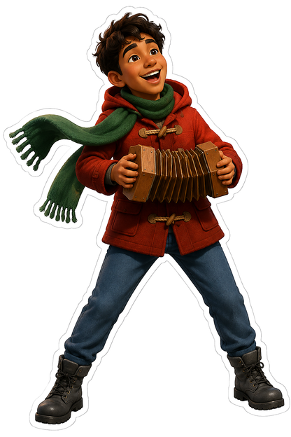 Christmas Caroler Boy Red Coat Concertina Vinyl Sticker Decal