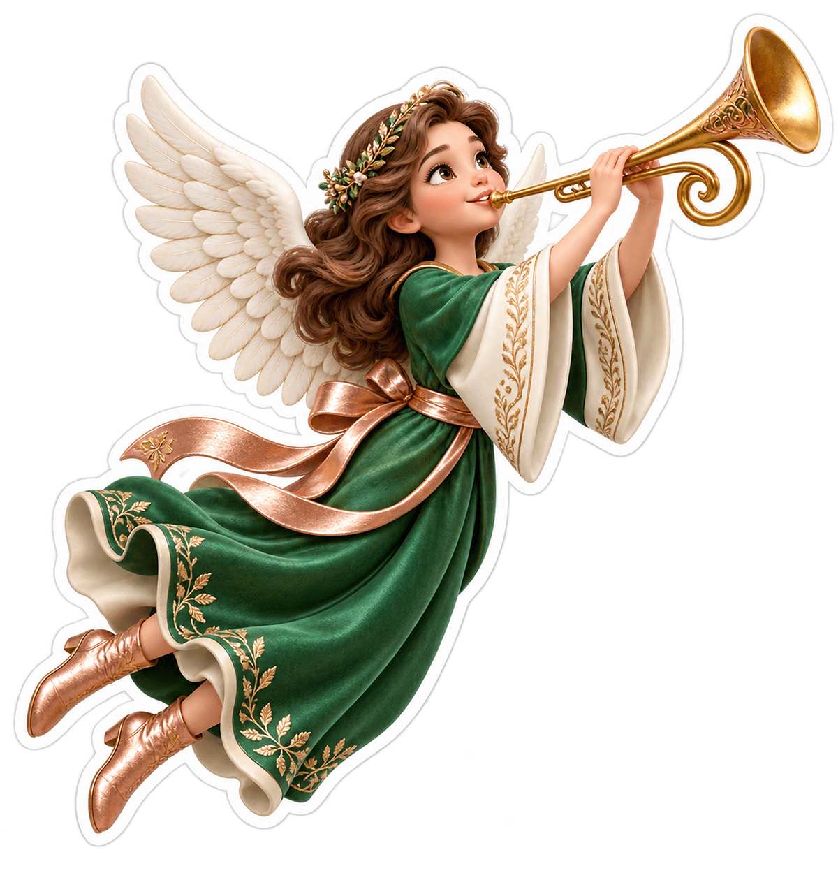 Flying Christmas Angel Green Dress Trumpet Vinyl Sticker Decal