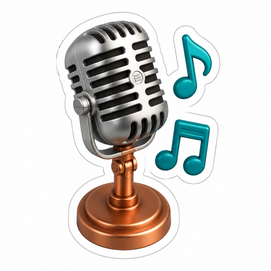 Vintage Silver Microphone with Music Notes Vinyl Sticker Decal