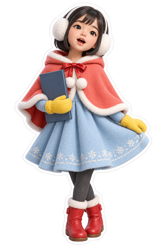 Christmas Caroler Girl Blue Coat Coral Cape Vinyl Sticker Decal
