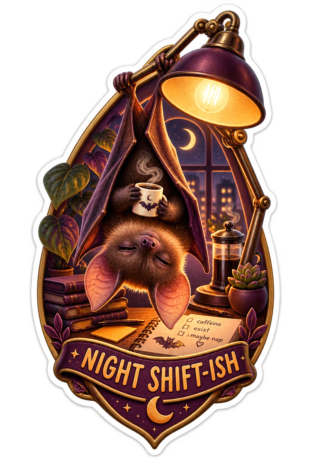Night Shift Ish Sloth under Desk Lamp Vinyl Sticker Decal