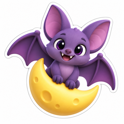 Purple Bat With Wings Perched Over Crescent Moon Vinyl Sticker Decal
