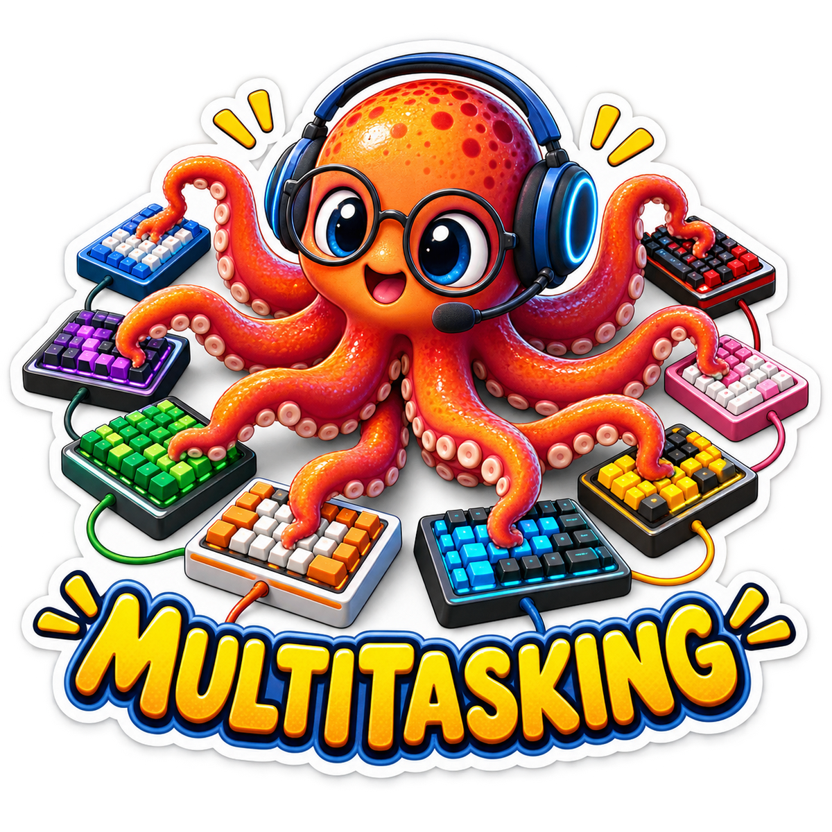 Multitasking Octopus with Colorful Keyboards Vinyl Sticker Decal