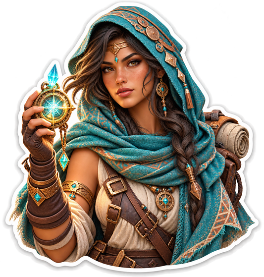 Hooded Woman Explorer with Glowing Compass Vinyl Sticker Decal