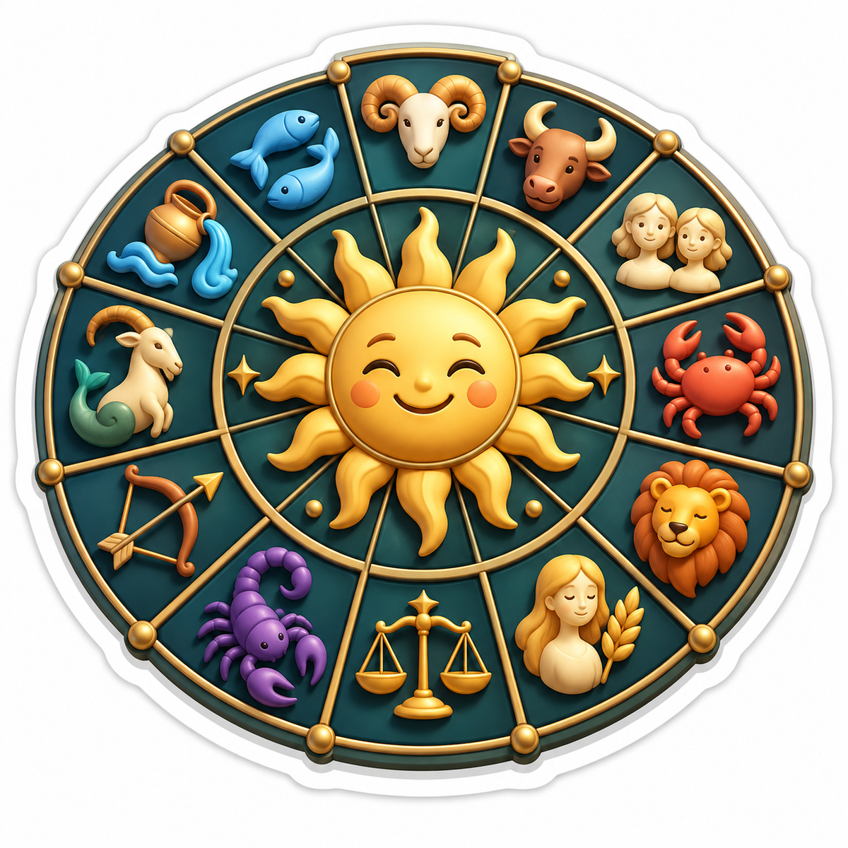 Teal Brass Zodiac Wheel Smiling Sun Vinyl Sticker Decal