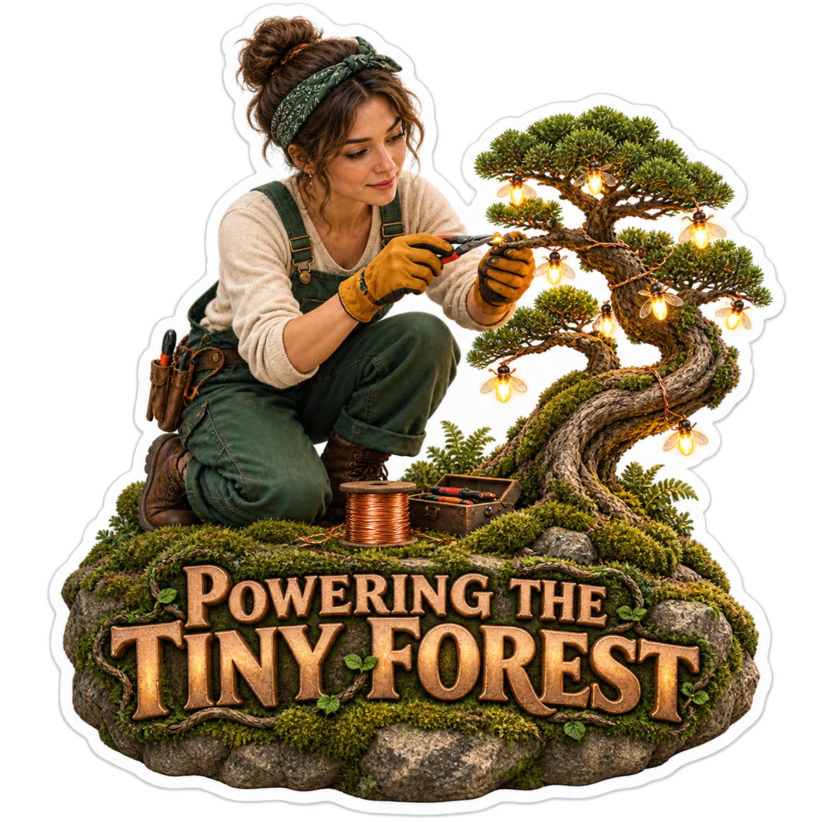 Powering the Tiny Forest Woman Bonsai Vinyl Sticker Decal