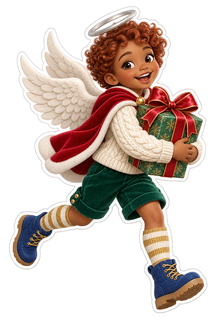 Christmas Angel Child Red Cape Green Gift Vinyl Sticker Decal