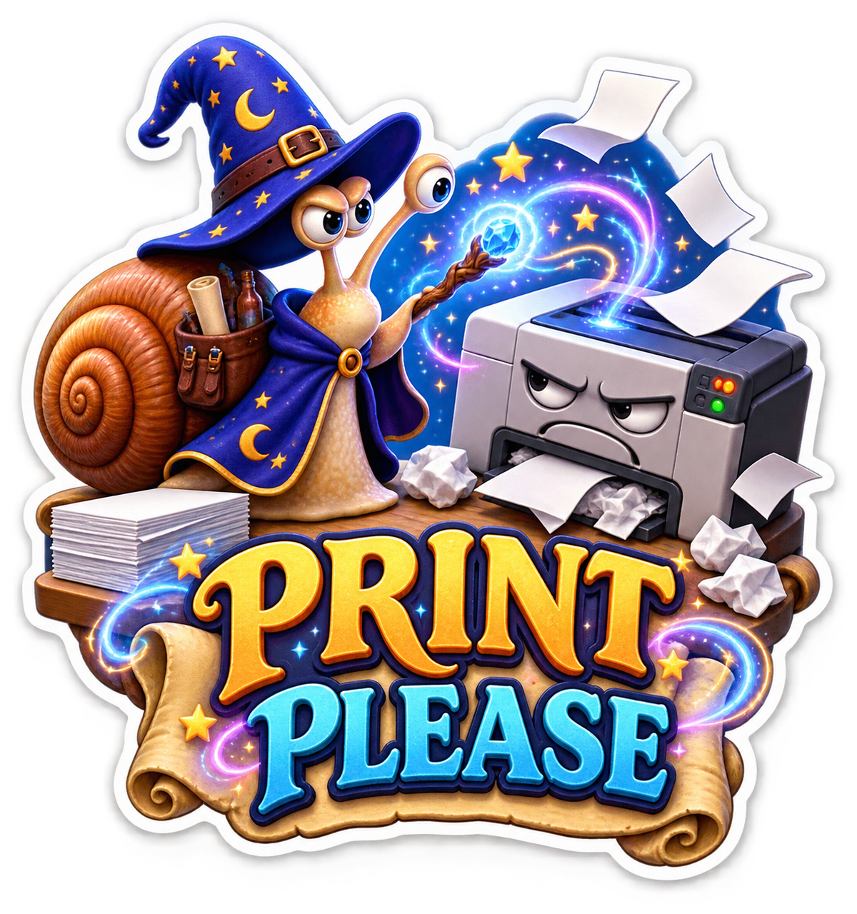 Print Please Snail Wizard with Printer Vinyl Sticker Decal