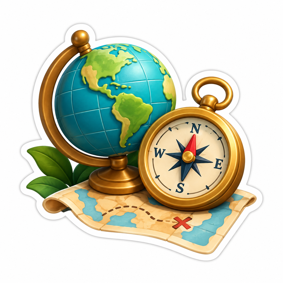 Teal Globe Beside Brass Compass Vinyl Sticker Decal