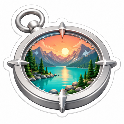 Silver Compass with Mountain Lake Scene Vinyl Sticker Decal