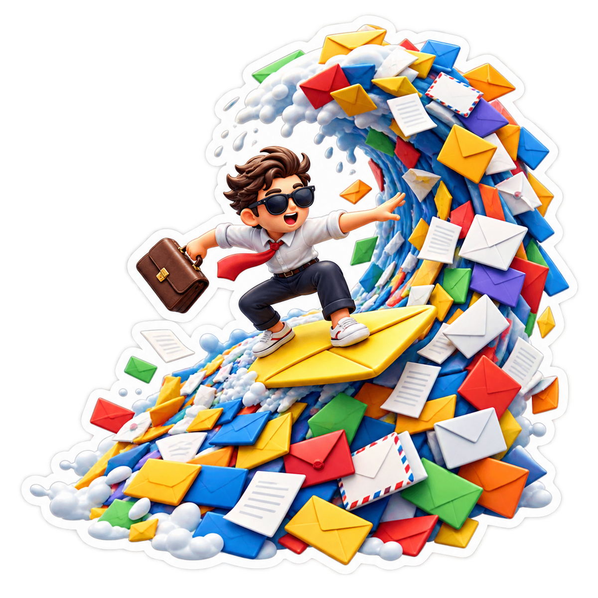 Worker Surfing an Avalanche of Mail Vinyl Sticker Decal