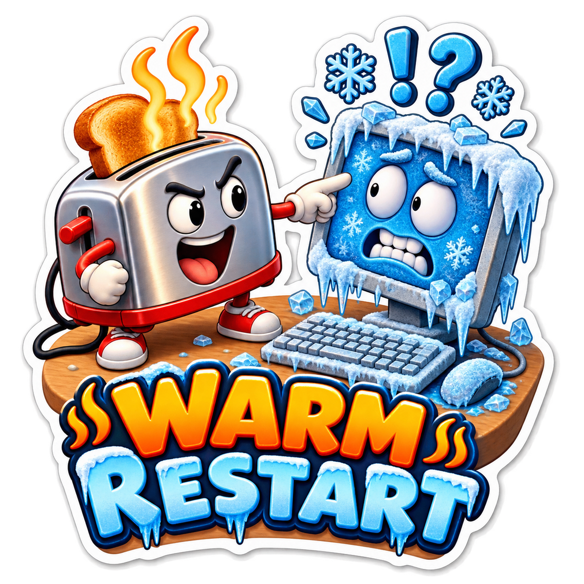Warm Restart Toaster beside Frozen Computer Vinyl Sticker Decal