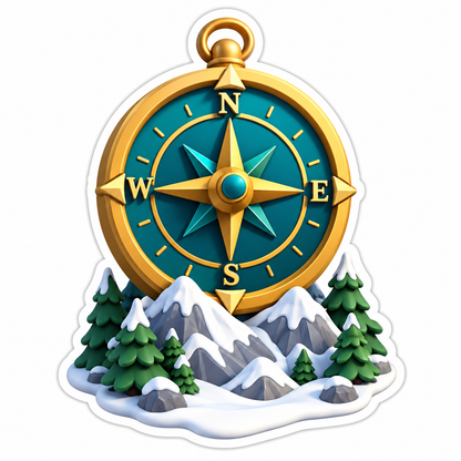 Gold Teal Compass Snowy Mountains Pines Vinyl Sticker Decal