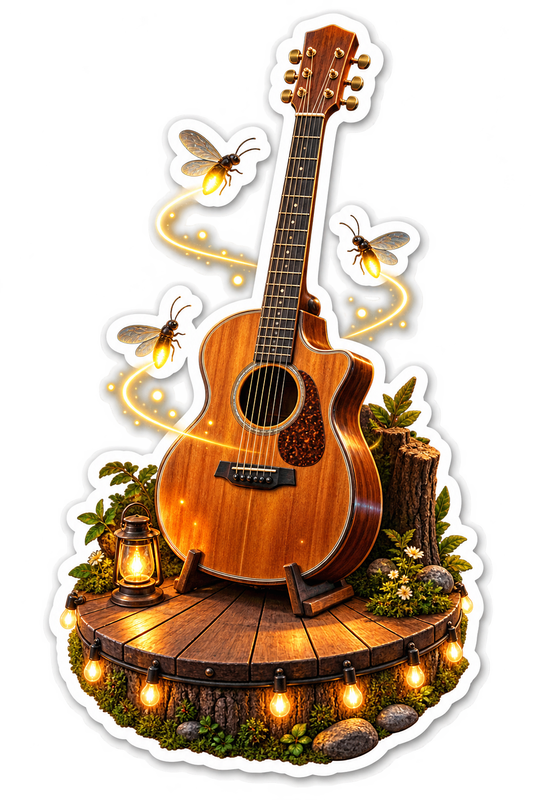Acoustic Guitar on Glowing Wooden Stage Vinyl Sticker Decal
