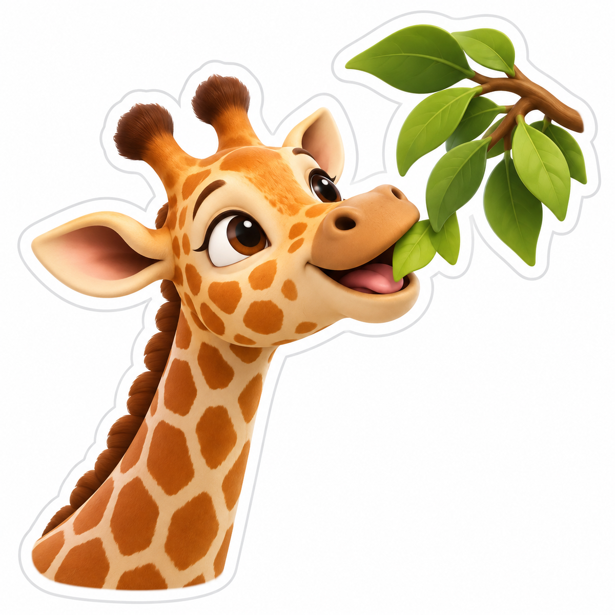 Giraffe Head Reaching Toward Leafy Branch Vinyl Sticker Decal