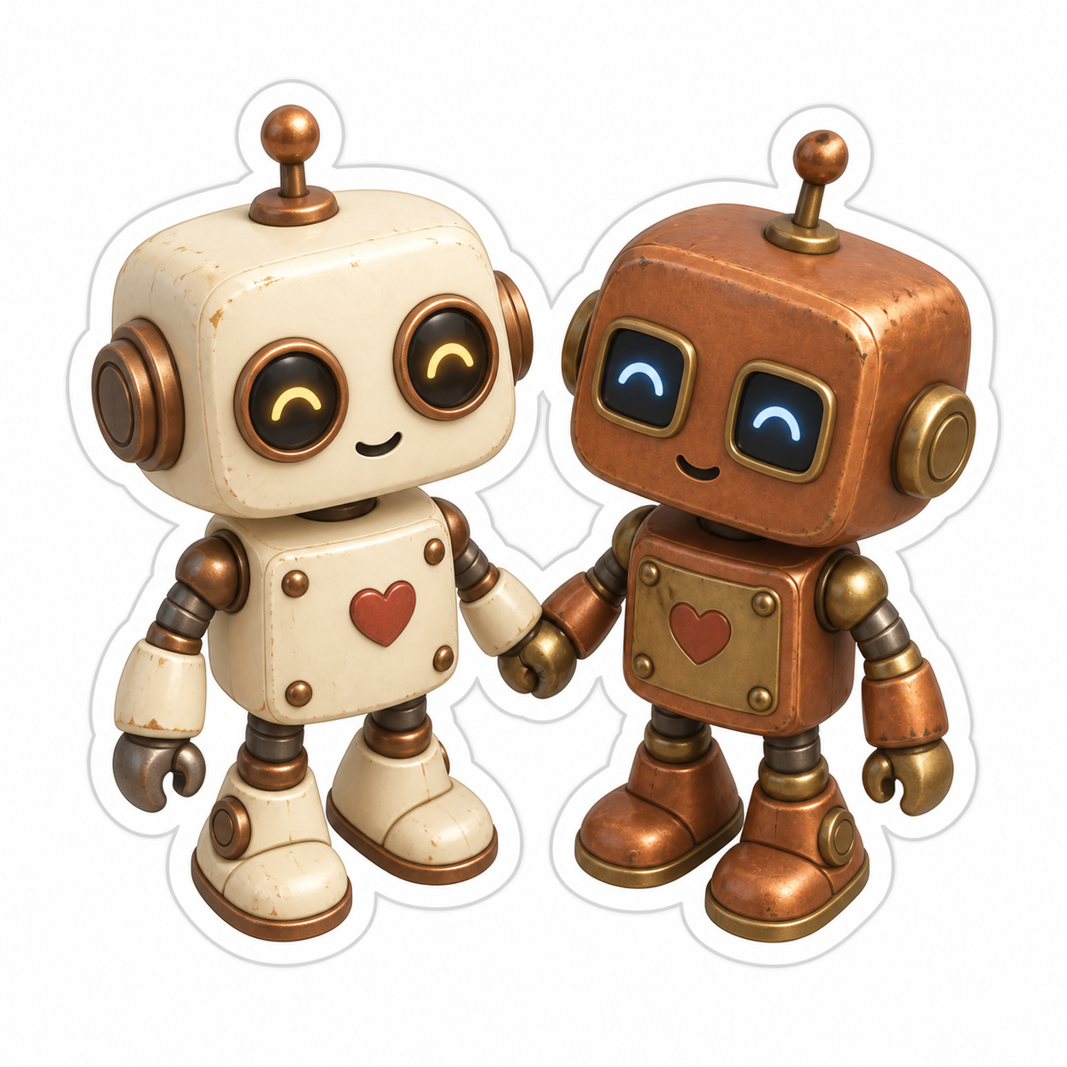 Cream Bronze Robot Couple Holding Hands Vinyl Sticker Decal
