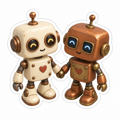 Cream Bronze Robot Couple Holding Hands Vinyl Sticker Decal