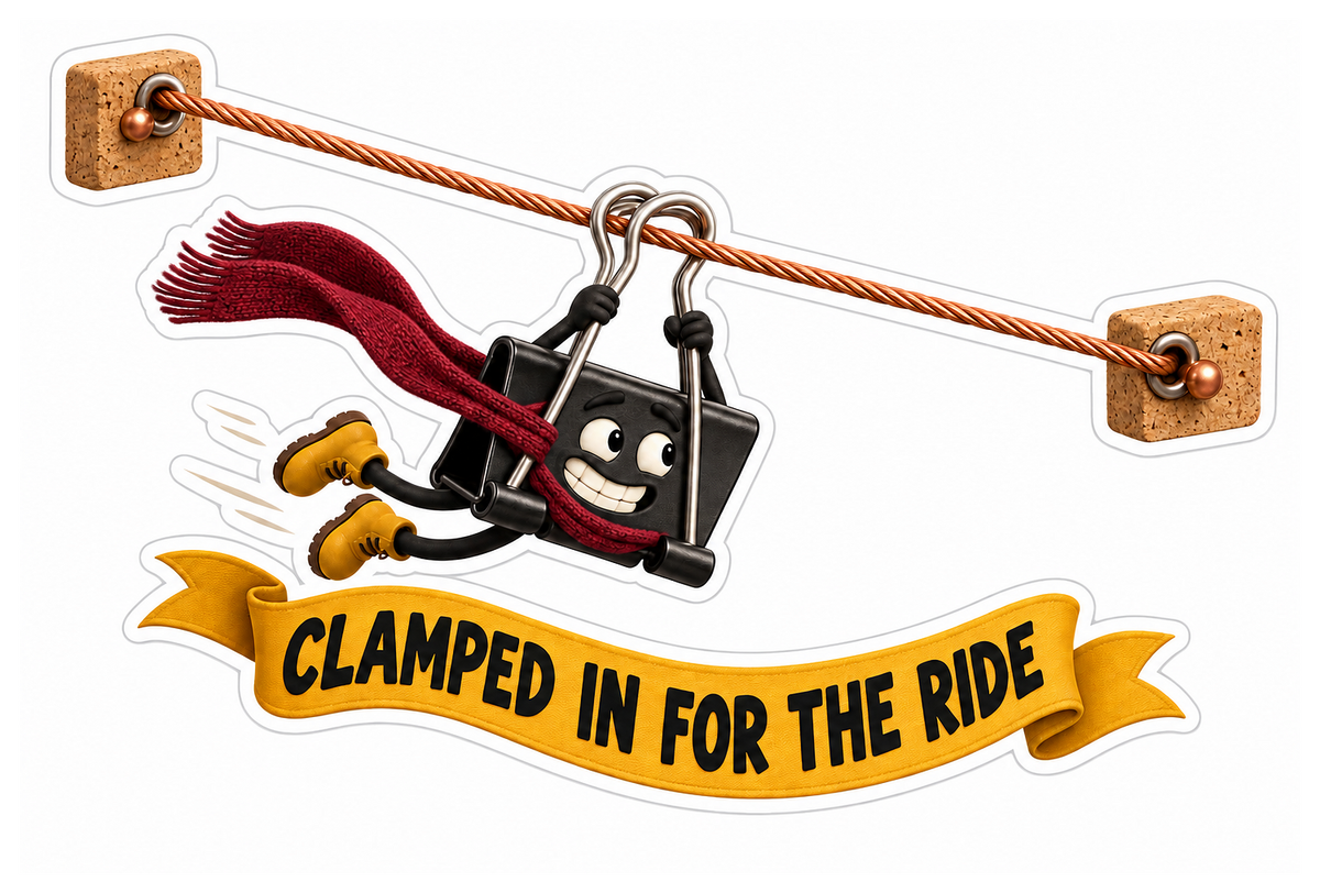 Clamped In for the Ride Ziplining Binder Clip Vinyl Sticker Decal