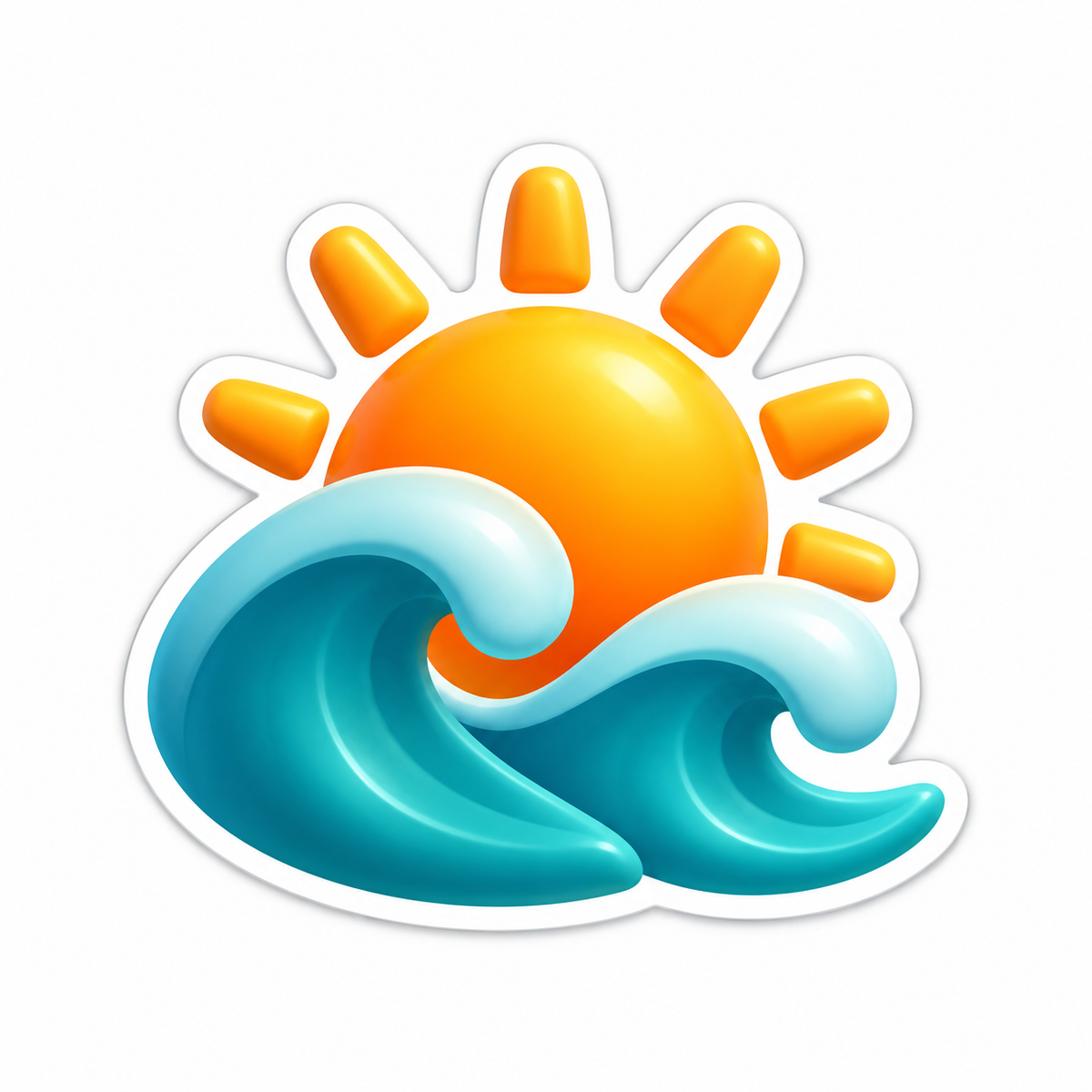 Orange Sun Rising Above Two Teal Ocean Waves Vinyl Sticker Decal