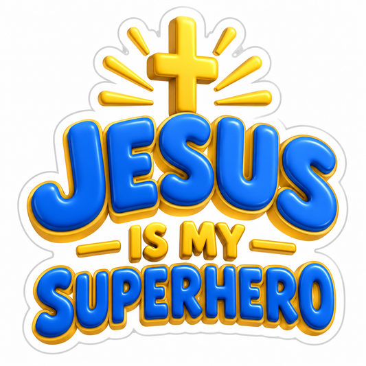Jesus Is My Superhero Blue Words Gold Cross Vinyl Sticker Decal