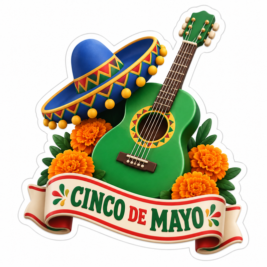 Cinco de Mayo Green Guitar and Sombrero Vinyl Sticker Decal