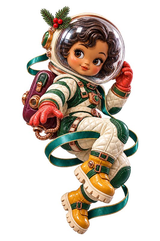 Christmas Astronaut Doll Swirled Green Ribbon Vinyl Sticker Decal