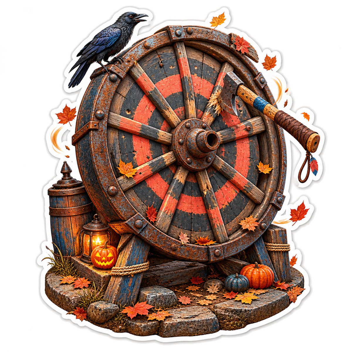 Halloween Axe Throwing Rusted Wagon Wheel Target Vinyl Sticker Decal