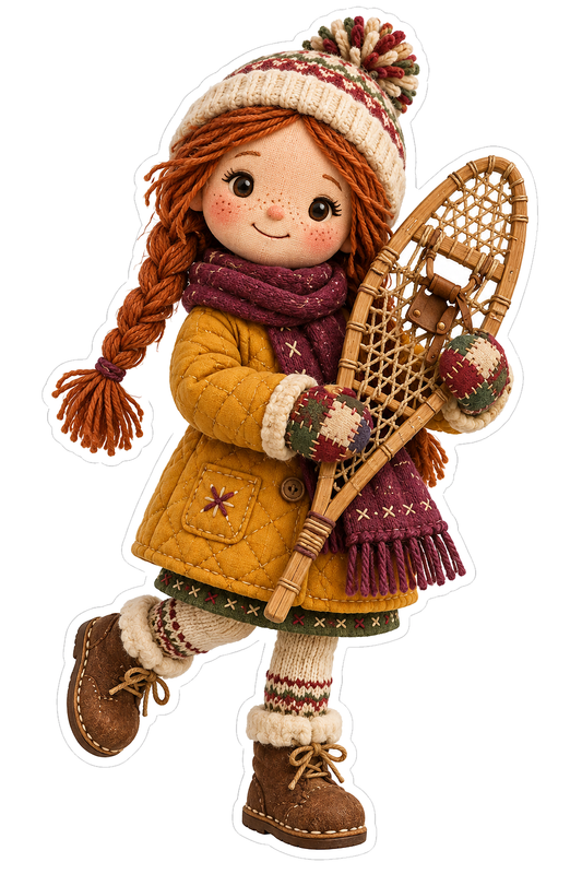 Christmas Rag Doll Yellow Coat Snowshoes Vinyl Sticker Decal