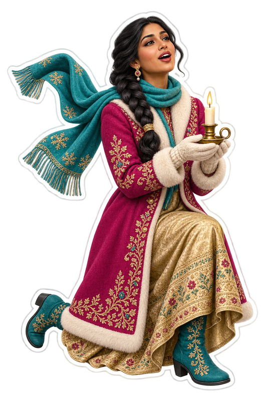 Christmas Caroler Woman Pink Coat Candle Vinyl Sticker Decal