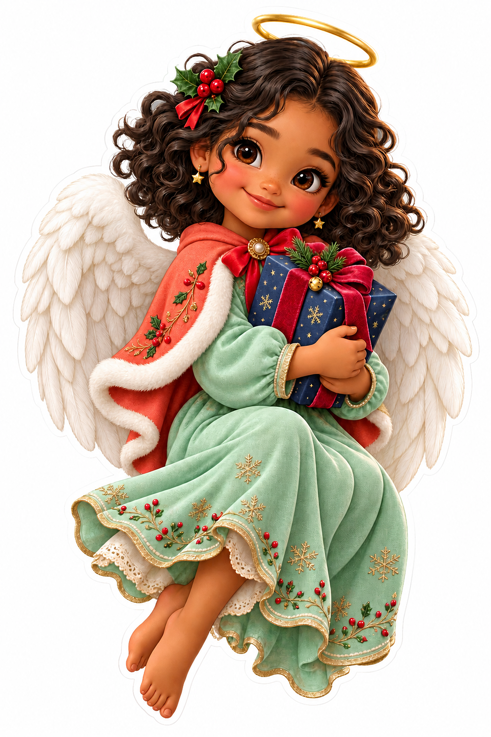 Christmas Angel Mint Dress Holding Gift Vinyl Sticker Decal