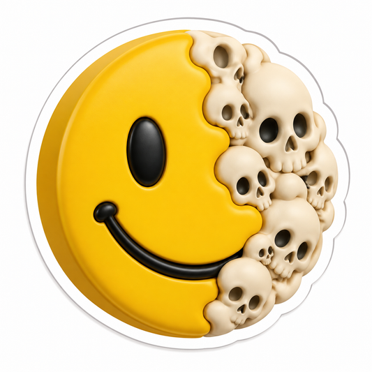 Yellow Smiley Face with Cluster of Skulls Vinyl Sticker Decal