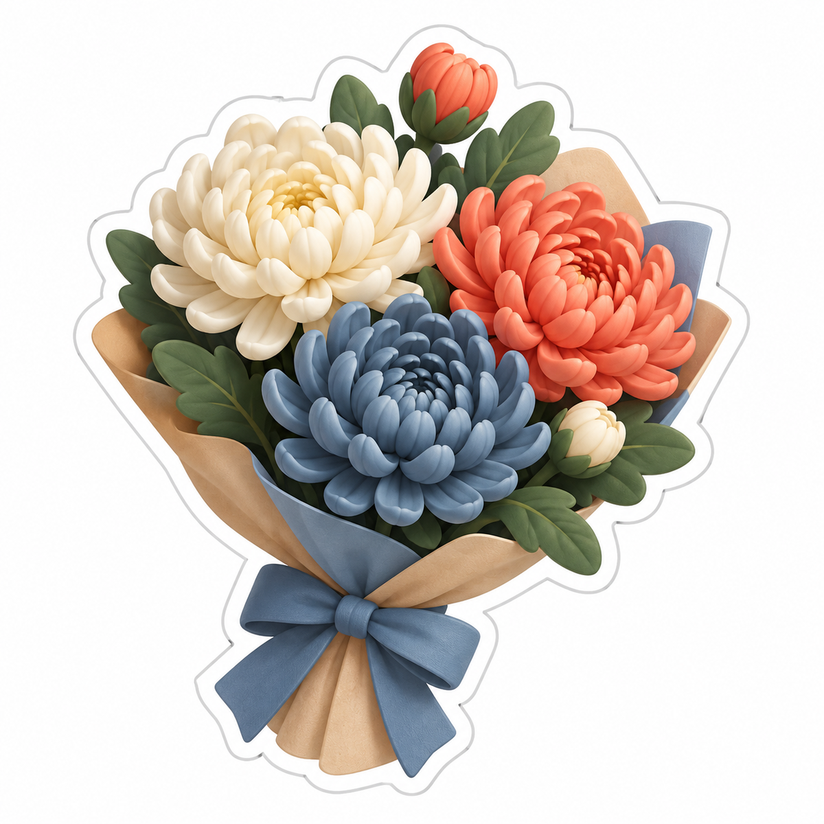 Cream Coral Slate Blue Chrysanthemum Bouquet Vinyl Sticker Decal