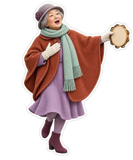 Christmas Caroler Woman Orange Cape Tambourine Vinyl Sticker Decal