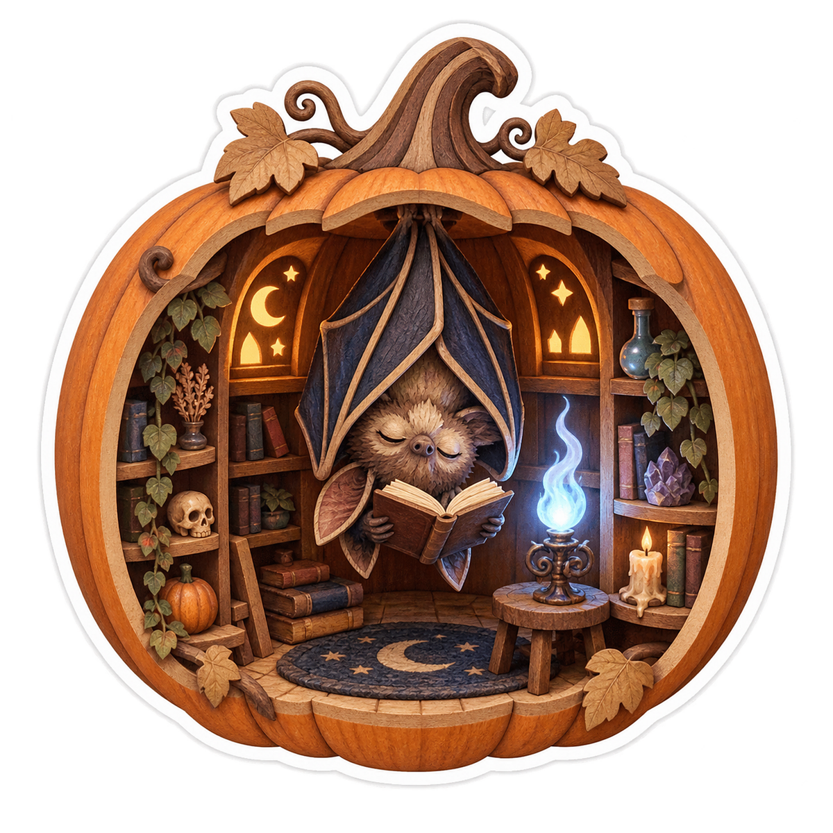 Walnut Marquetry Hoary Bat Pumpkin Book Nook Vinyl Sticker Decal